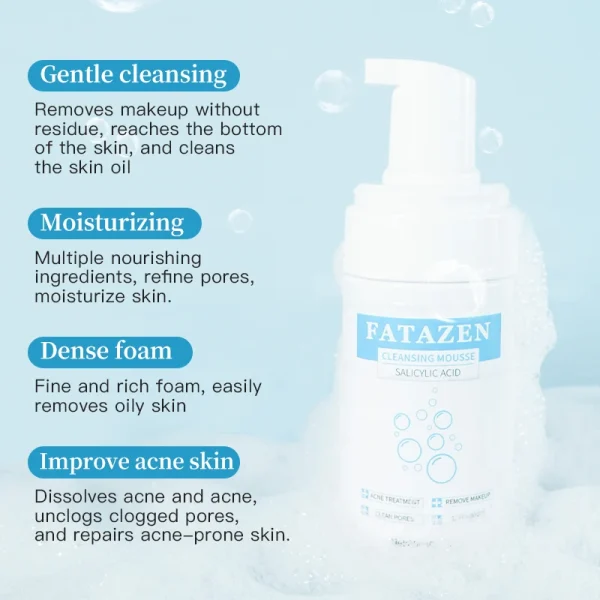 FATAZEN Anti Acne Shrink Pores Salicylic Acid Cleanser Foaming Face Wash Gentle Amino Acid Facial Cleansing Mousse for Oily Skin - Image 2