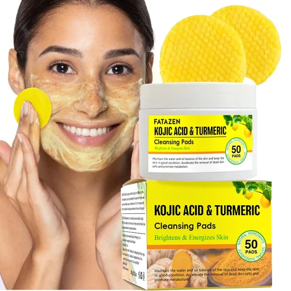 FATAZEN Natural Skin Brightening Kojic Acid Facial Toner Pads Acne Treatment Whitening Turmeric Cleansing Cotton Face Scrub Pads
