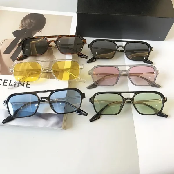 Trendy Rectangle Sunglasses Women Men Fashion Square Double Bridge Sun Glasses for Unisex Metal Frame Shades