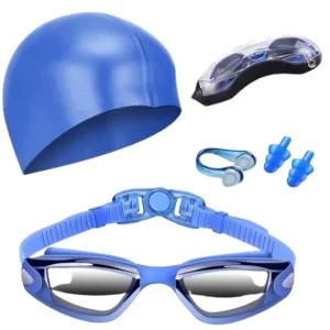 Swimming Goggles Waterproof and Cap Set 4 in 1 Goggles Swim in Case UV 400 Protection Lenses Clear Anti-Fog