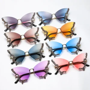 2023 Wholesale New Fashion Metal Butterfly Sun Glasses Custom Irregular Rimless Diamond Shades for Women