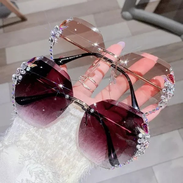Women Rimless Diamond Sunglasses Oversized Rimless Diamond Cutting Gradient Lens UV Protection Sunglasses