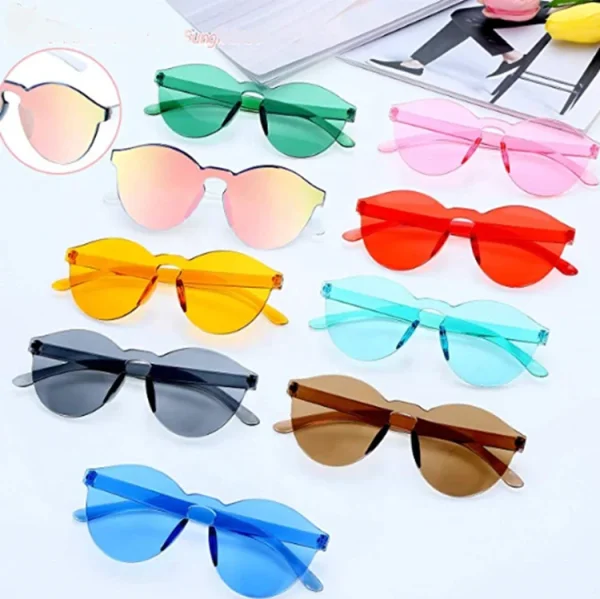 Ladies Gafas Hot Sale Round Colorful Jelly New Trendy Rimless Transparent Fashion Plastic  Sunglasses