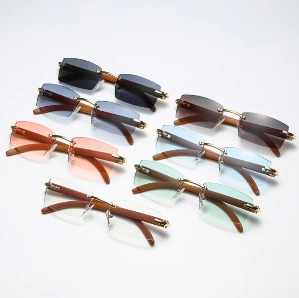 Vintage Rectangle Rimless Sun Glasses With Metal Wood Print Frame Women Sunglasses Slim Sunglass Lentes De Sol Hombre