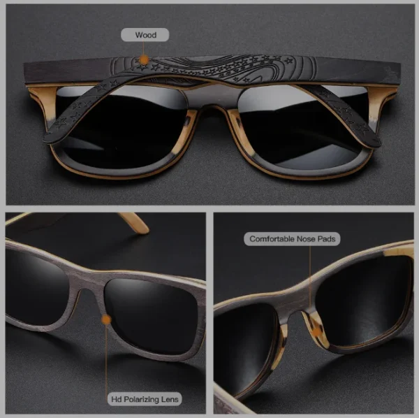 Square Bamboo Wood Polarized Sunglasses for Men Women Brown Wooden Frame Sun Glasses Custom Logo Outdoor Eyewear - Image 2