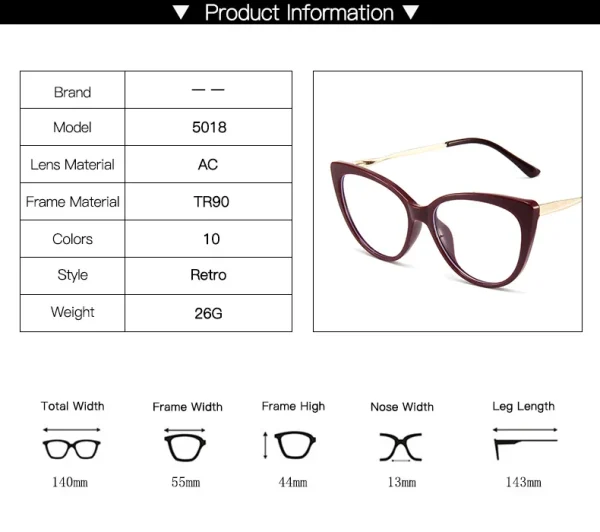 5018 AC Lens TR90 Metal Frame Eyeglasses Spring Leg Flat Light Mirror Retro Cat-eye Fashionable Anti-blue Light Glasses - Image 6