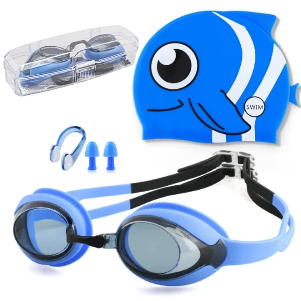 2025 China YIWU Wholesale Quality Children's Kids' Cartoon Training Swim Fish Cap and Goggles with Nose Clips Earplugs - Image 2