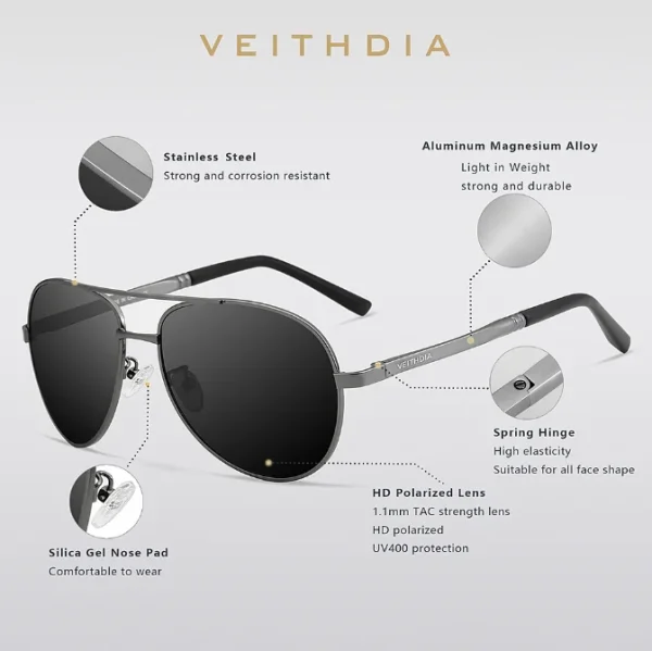 2023 Fashion Men's Pilot Polarized Sunglasses Men Sun Glasses Alloy Frame Driving Glasses VEITHDIA 1306 - Image 2