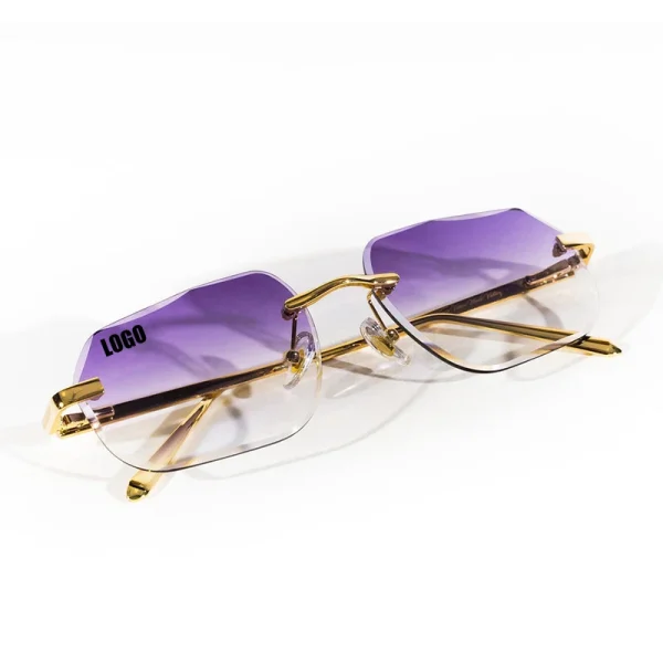 LMA 21593 Hot Selling High Quality Metal Men Shades UV400 Gradient Purple Lens Diamond Cut Designer Rimless Polygon Sunglasses