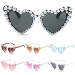 Outdoor Heart Sunglasses for Women UV400 Eyewear Beach Pearls Sun Glasses Heart Shaped Party Glasses Shades