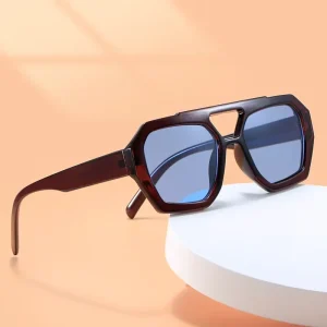 Retro Double Bridges Square Sunglasses Women Fashion Clear Ocean Lens Eyewear Trendy Polygon Sun Glasses