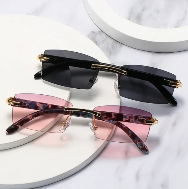Vintage Rectangle Rimless Sun Glasses With Metal Wood Print Frame Women Sunglasses Slim Sunglass Lentes De Sol Hombre - Image 2